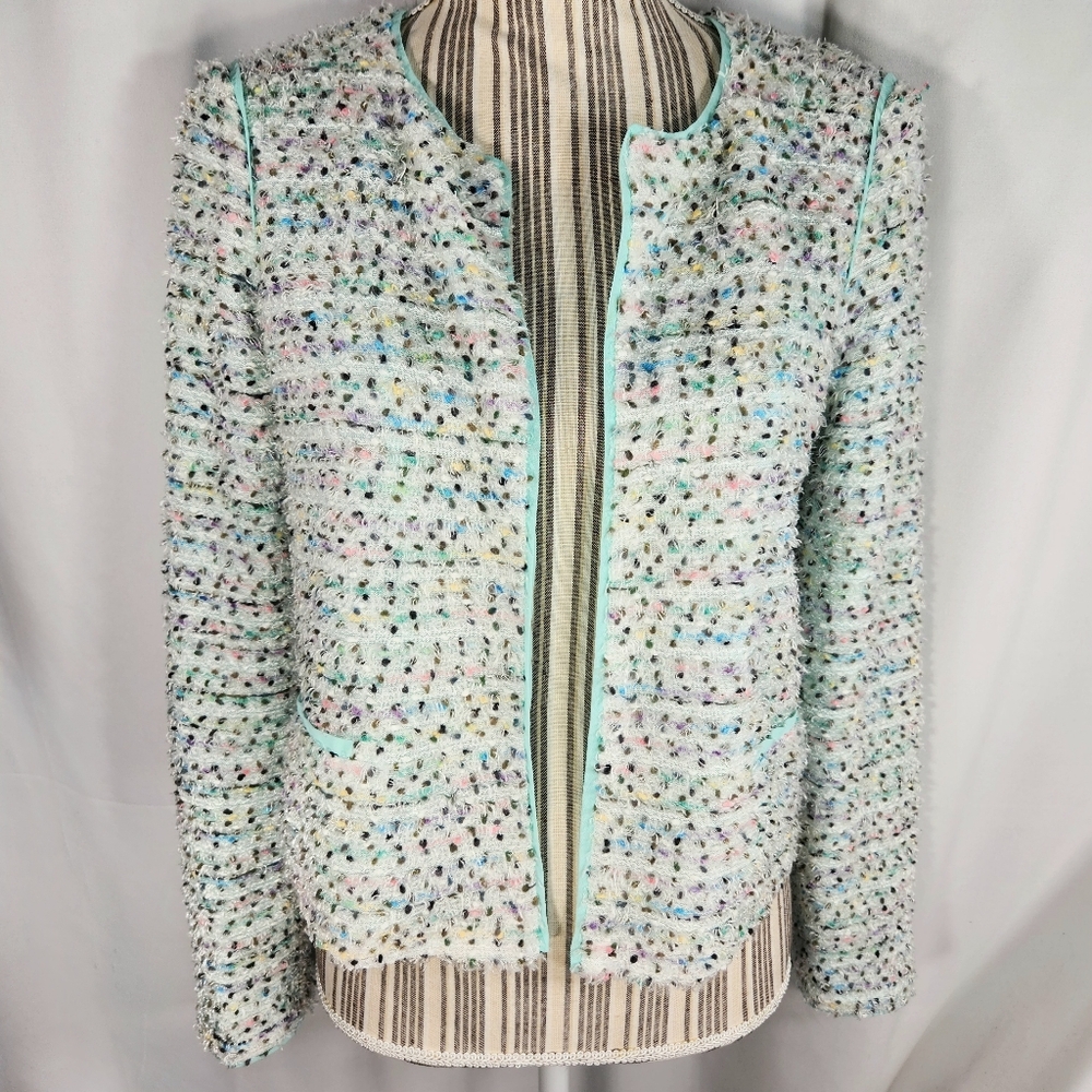 Matty M Seafoam Green Fuzzy White & Multi Dots Open Front Cardigan Size Small